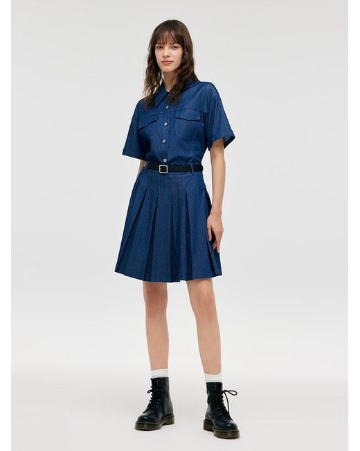 GOELIA Blue Double-Layer Denim Mini Dress With Belt