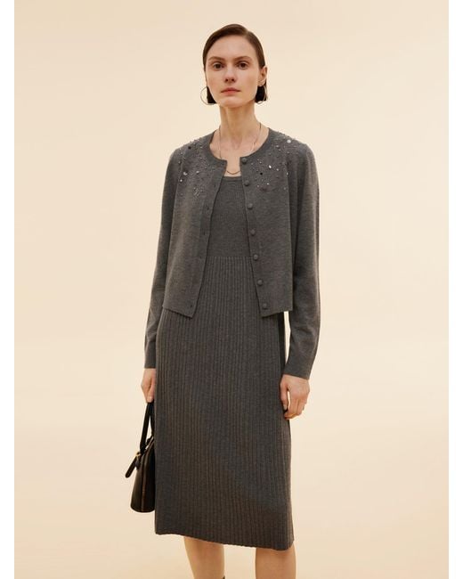 GOELIA Natural Beaded Cardigan And Pleated Sleeveless Midi Dress Two-Piece Set