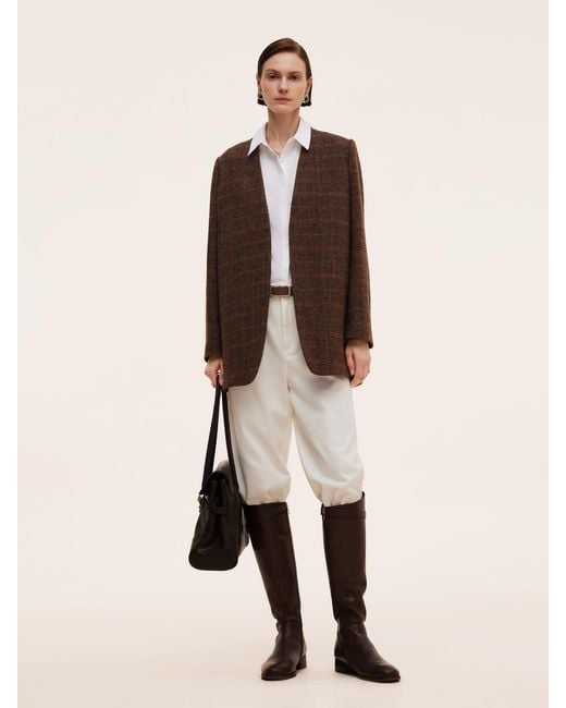 GOELIA Brown [Preview] 100% Wool Plaid Collarless Blazer