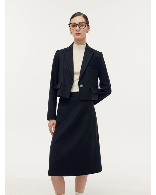 GOELIA Blue Cashmere Wool Blend V-Neck Blazer And Midi Skirt Two-Piece Set