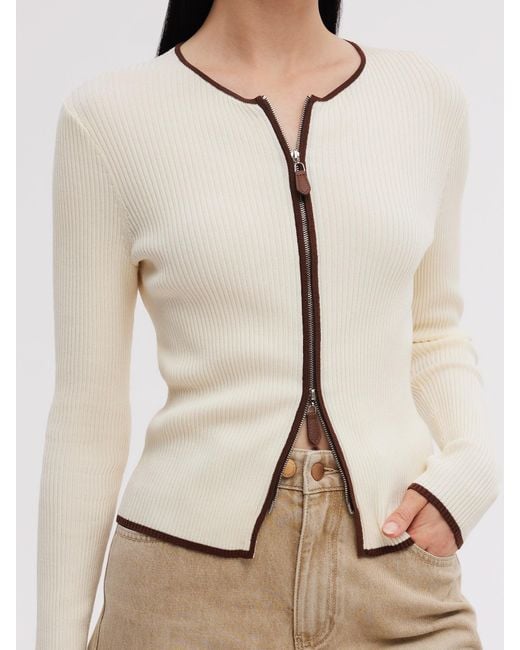 GOELIA Natural Tencel Blend Contrast Trim Zip-Up Cardigan