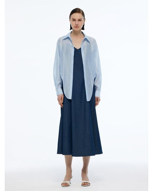 GOELIA Blue Lyocell Blend Crop Shirt And Denim Strap Maxi Dress Two-Piece Set