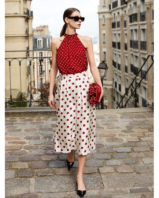 GOELIA Red 10 Momme Mulberry Silk Polka Dots Halter Top With Scrunchie