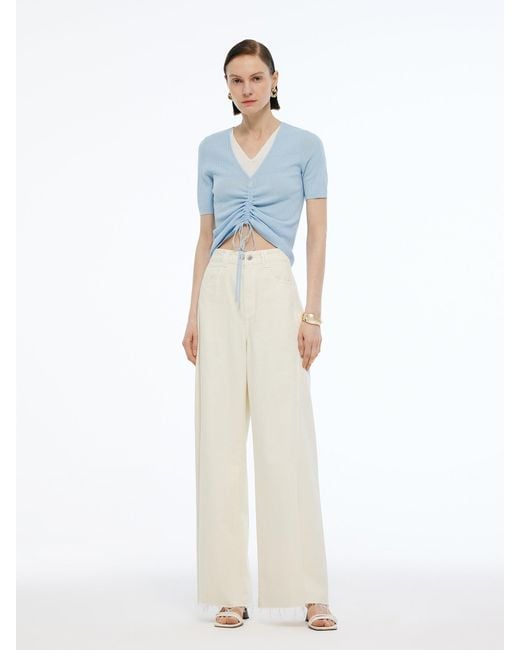 GOELIA Blue Lyocell Blend Drawstring Patchwork Knit Top