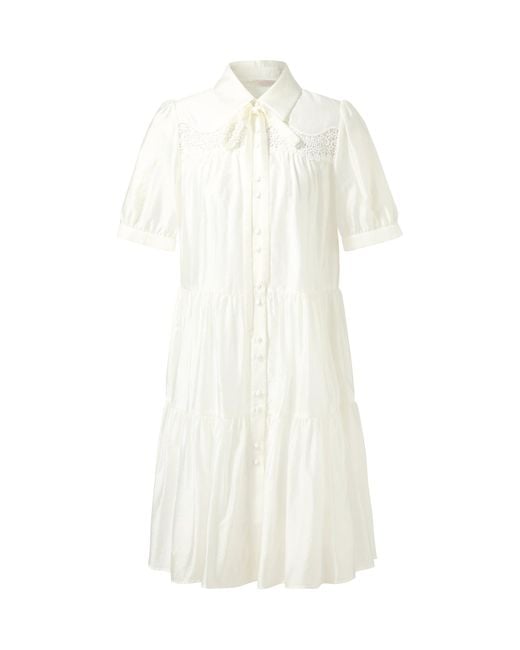 GOELIA White Tencel Blend Tiered Mini Dress With Ribbon
