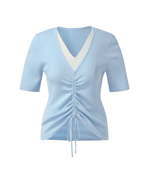 GOELIA Blue Lyocell Blend Drawstring Patchwork Knit Top