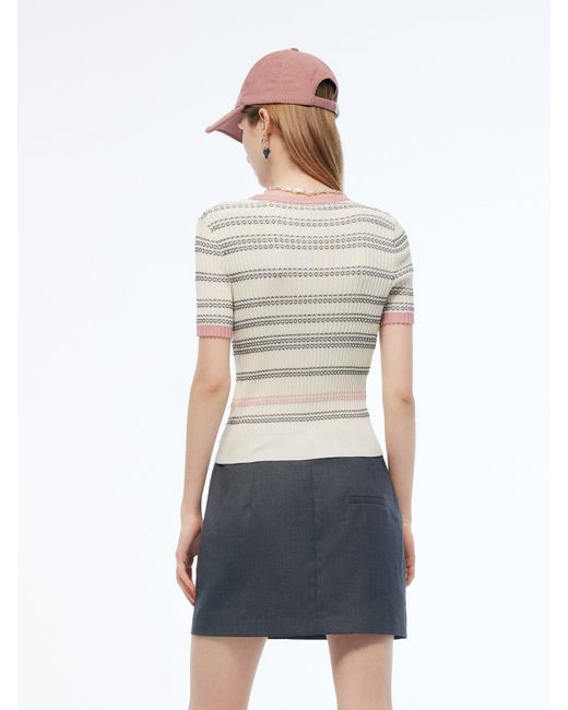GOELIA White Tencel Blend Color Block Stripe Knit Top