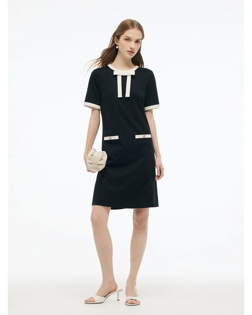 GOELIA Black Tencel Blend Contrast Trim Knit Mini Dress