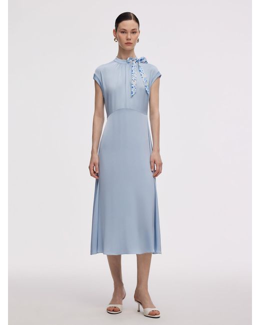 GOELIA Blue 22Mm Mulberry Silk Midi Dress With Two Silk Scarves