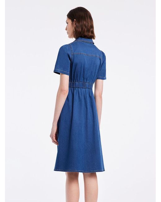 GOELIA Blue V-Neck Gathered Waist Denim Midi Collared Dress