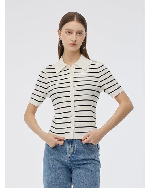 GOELIA Gray Tencel Stripe Short Sleeve Cardigan