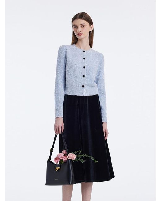 GOELIA White Tencel Wool Blend Cardigan And Velvet Half Skirt Two-Piece Set