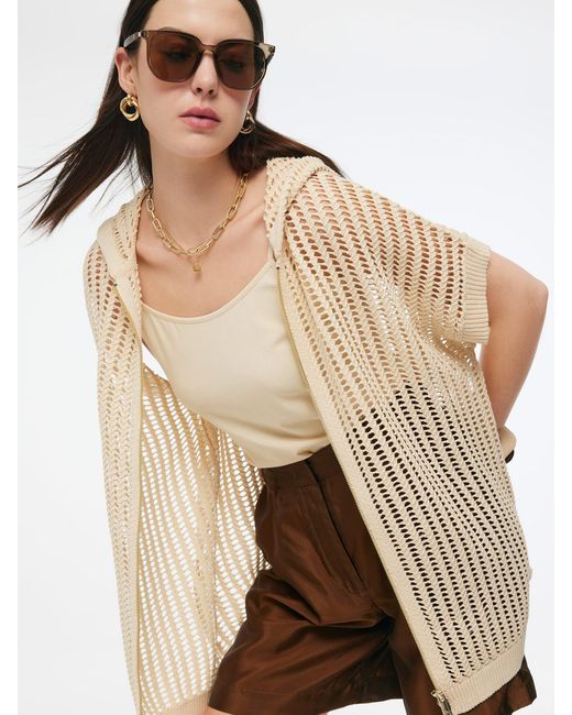 GOELIA Natural Sequins Stretch Zip-Up Openwork Hooded Cardigan
