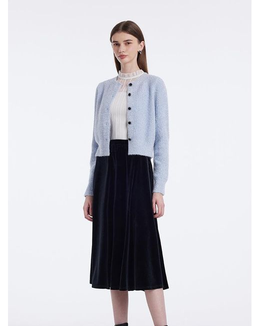 GOELIA White Tencel Wool Blend Cardigan And Velvet Half Skirt Two-Piece Set