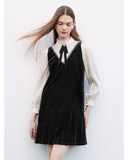 GOELIA Black Velvet Patchwork Mini Dress With Tie