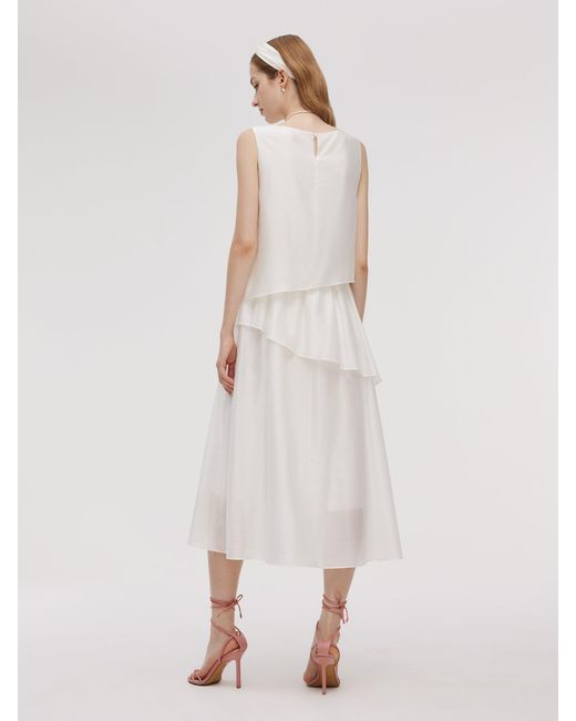 GOELIA White Tencel Blend Ruffle Tiered Sleeveless Midi Dress