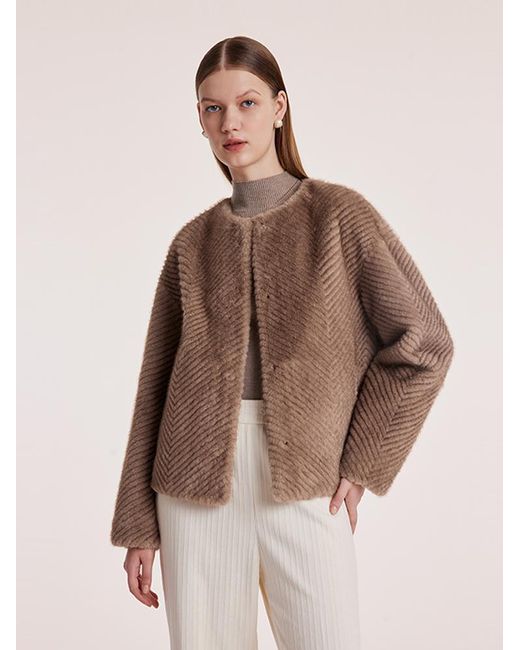 GOELIA Brown Eco-Friendly Fur Short Round Neck Coat