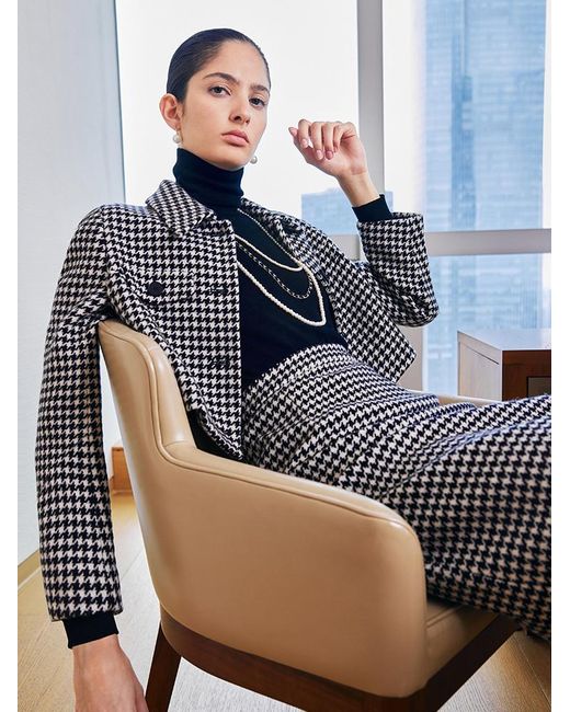 GOELIA Gray Washable Wool Houndstooth Jacket And Sweater And Skirt Suit