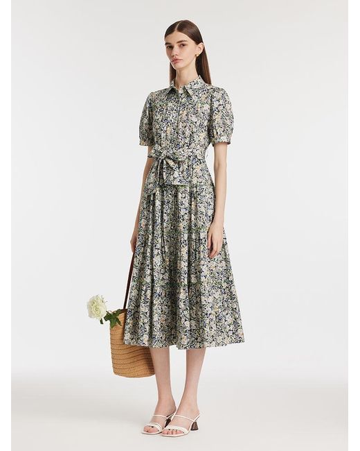 GOELIA White Floral Printed Lapel Tiered Midi Dress With Belt