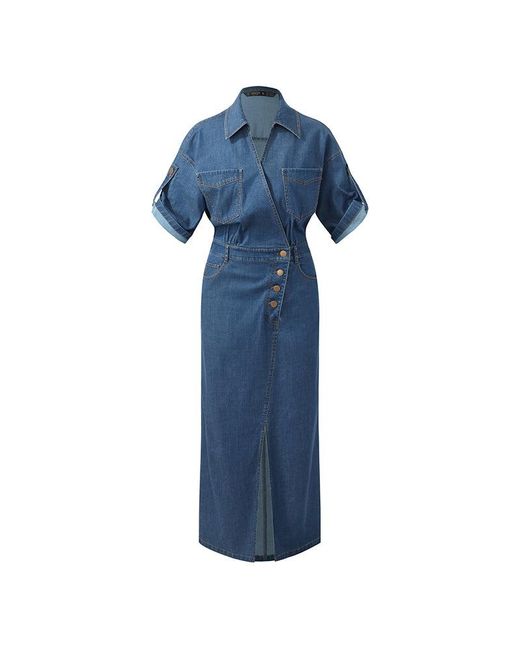 GOELIA Blue Denim V-Neck Slit Lapel Maxi Dress