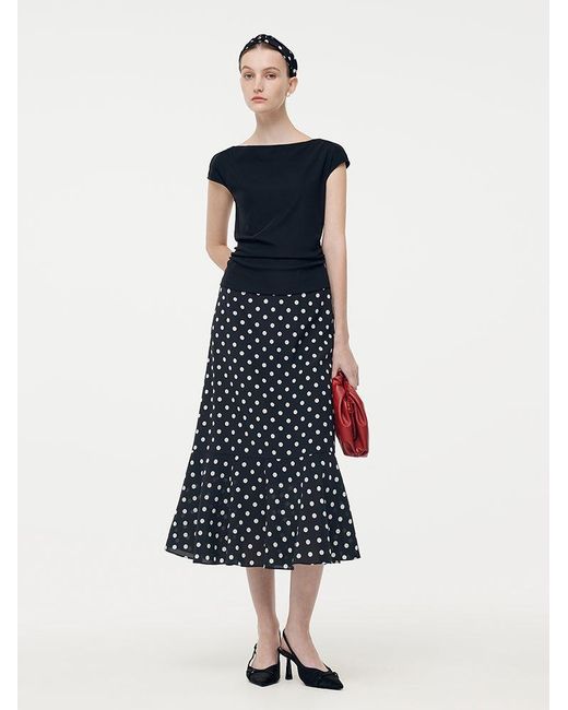GOELIA White Acetate Knit Top And 16 Mm Mulberry Slik Polka Dots Skirt Two-Piece Set