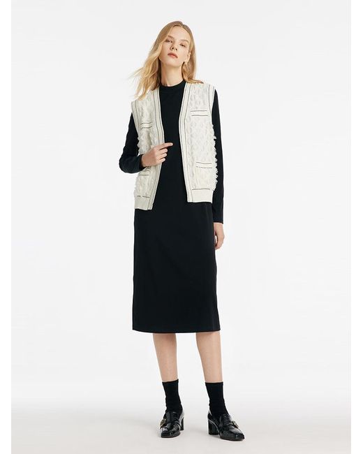 GOELIA White Knitted Midi Dress And Contrast Stitch Vest Two-Piece Set