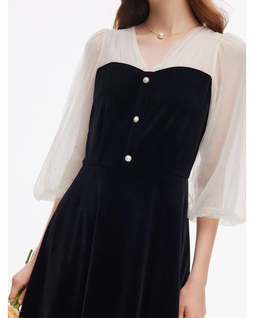 GOELIA Blue Sequined Mesh Patchwork Velvet Midi Dress