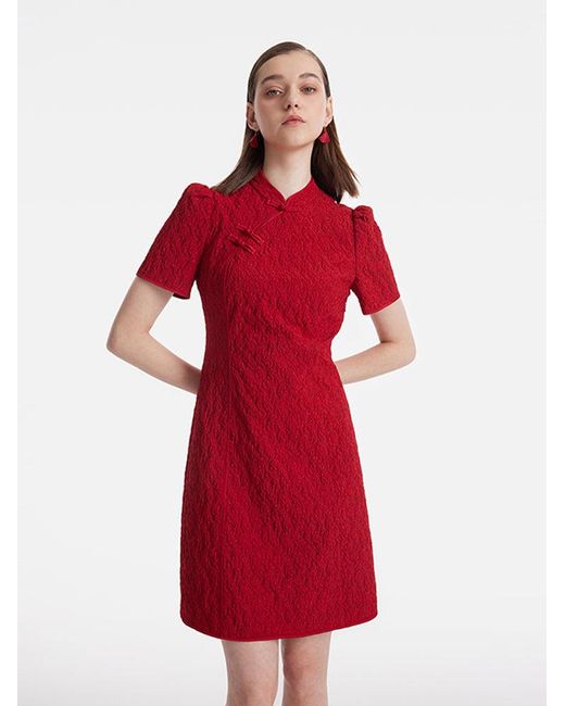 GOELIA Red Jacquard Cheongsam Qipao Mini Dress