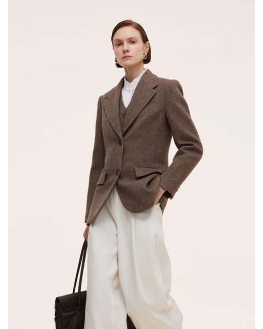 GOELIA Brown 100% Washable Wool Gathered Waist Blazer