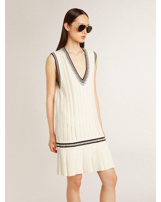 Golden Goose Deluxe Brand Natural 'Worn- Cotton Vest Dress With Dark Ribbing And Crystals