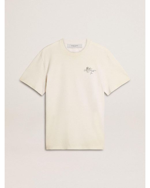 Golden Goose Deluxe Brand Natural T-Shirt With Print On The Chest And On The Back With A Lived-In Effect for men