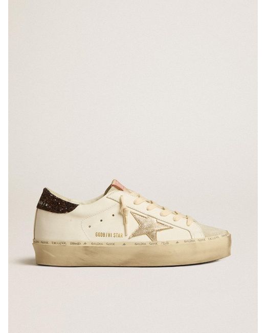 Golden Goose Deluxe Brand Natural Hi Star With Platinum Metallic Leather Star And Glitter Heel Tab