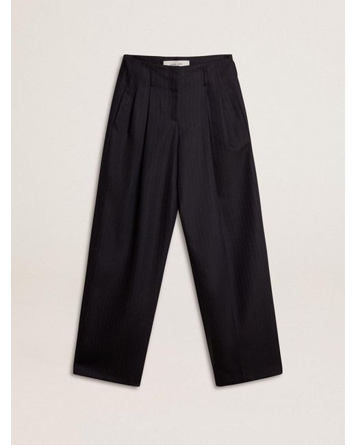 Golden Goose Deluxe Brand Blue Dark Tailored Trousers With Vertical Stripe