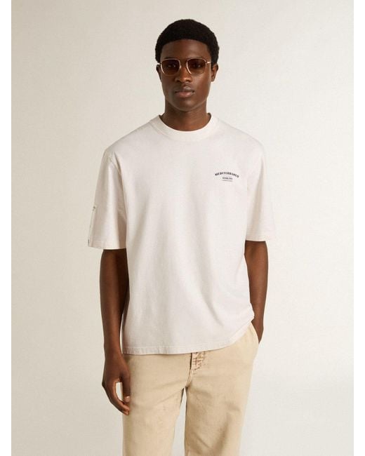 Golden Goose Deluxe Brand Natural T-Shirt With Mediterranean Print And Pescheria Golden Patch On The Sleeve