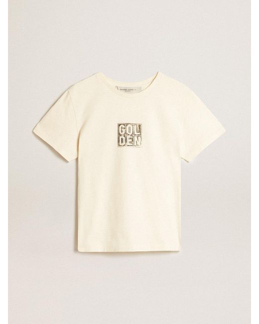 Golden Goose Deluxe Brand Natural Aged Cotton T-Shirt With Print On The Front