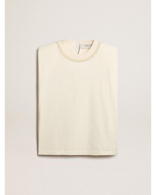 T-Shirt Smanicata Color Bianco Vissuto Con Ricamo di Golden Goose Deluxe Brand in Natural
