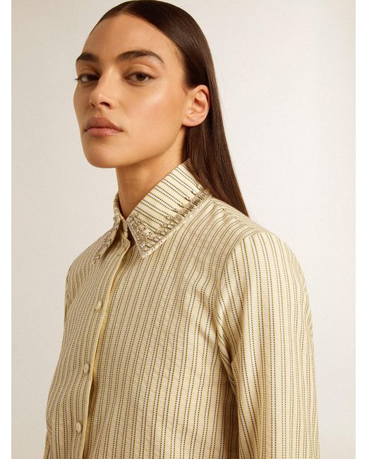 Golden Goose Deluxe Brand Natural Ecru Shirt With Stripes And Embroidered Crystals