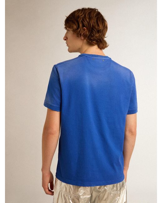 Golden Goose Deluxe Brand Blue Cotton T-Shirt With Marathon Poster On The Front for men