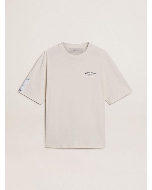 Golden Goose Deluxe Brand Natural T-Shirt With Mediterranean Print And Pescheria Golden Patch On The Sleeve