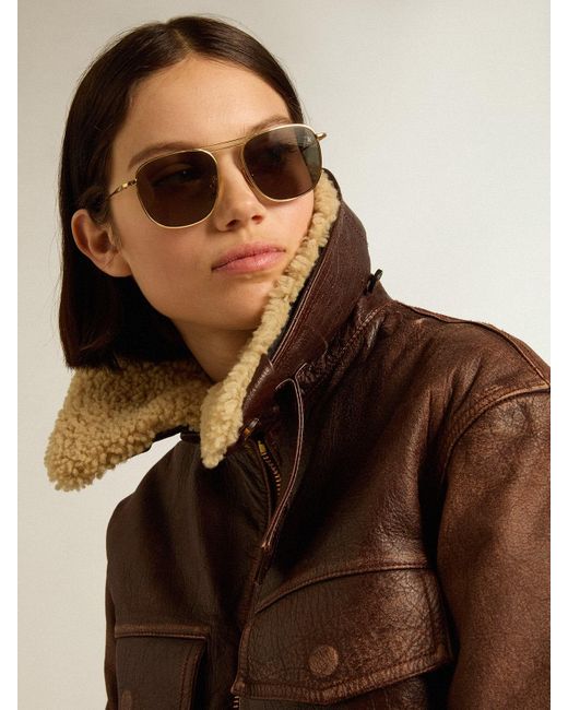 Golden Goose Deluxe Brand Brown Wood-Colored Jacket With Detachable Shearling Collar