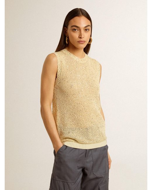 Golden Goose Deluxe Brand Natural Mesh Knit Top With Sequins And Contrasting Details