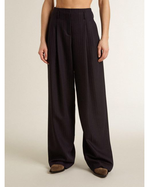 Golden Goose Deluxe Brand Blue Dark Tailored Trousers With Vertical Stripe