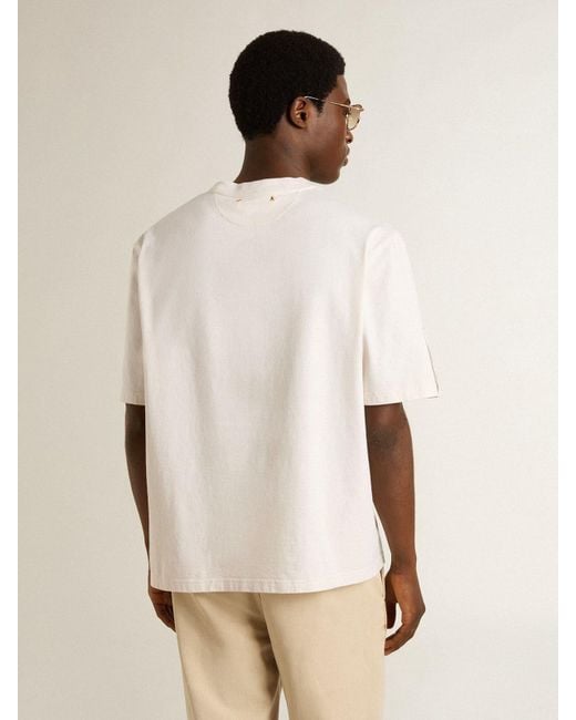 Golden Goose Deluxe Brand Natural T-Shirt With Mediterranean Print And Pescheria Golden Patch On The Sleeve