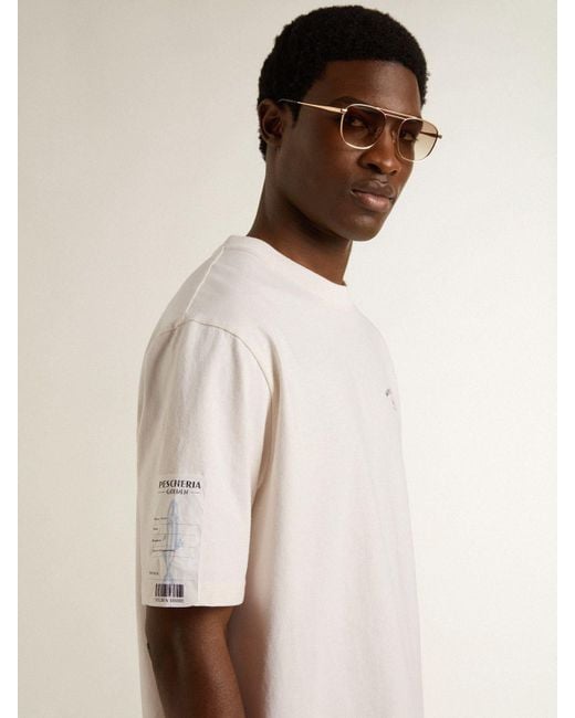 Golden Goose Deluxe Brand Natural T-Shirt With Mediterranean Print And Pescheria Golden Patch On The Sleeve