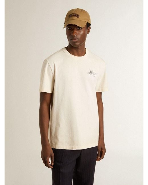Golden Goose Deluxe Brand Natural T-Shirt With Print On The Chest And On The Back With A Lived-In Effect for men