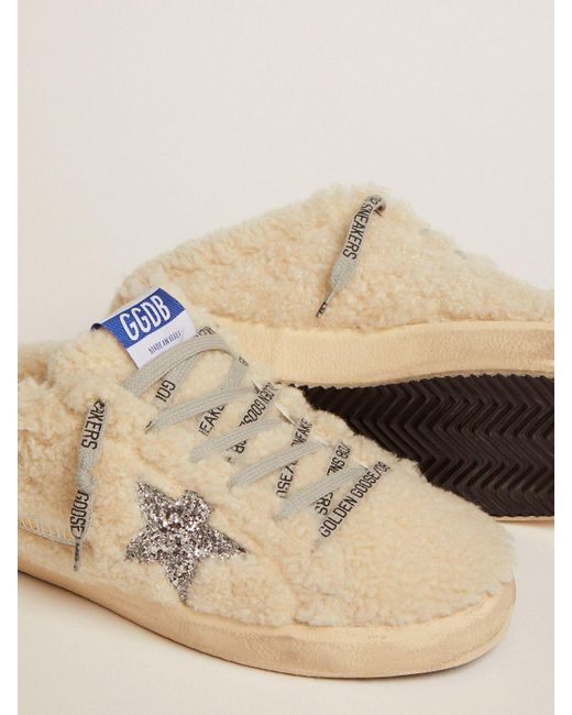 Golden Goose Super-star Sabots In Natural White Shearling With Silver ...