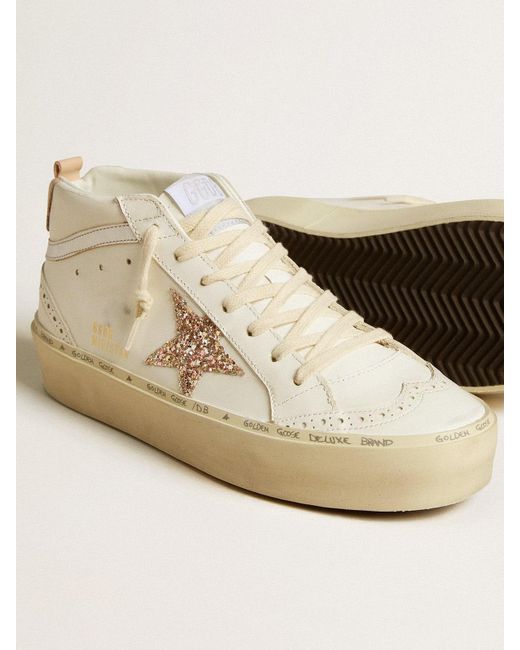 Golden Goose Deluxe Brand Natural Mid Star With Glitter Star And Metallic Leather Flash