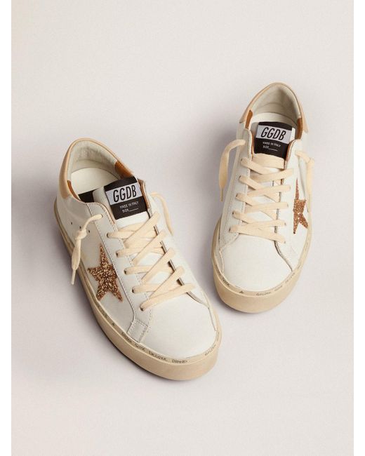 Golden Goose Hi Star Sneakers With Gold Glitter Star And Beige Leather ...