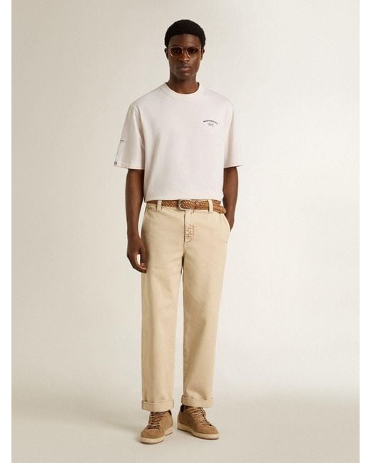 Golden Goose Deluxe Brand Natural T-Shirt With Mediterranean Print And Pescheria Golden Patch On The Sleeve