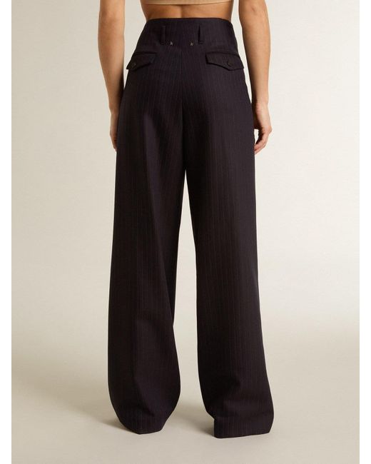 Golden Goose Deluxe Brand Blue Dark Tailored Trousers With Vertical Stripe